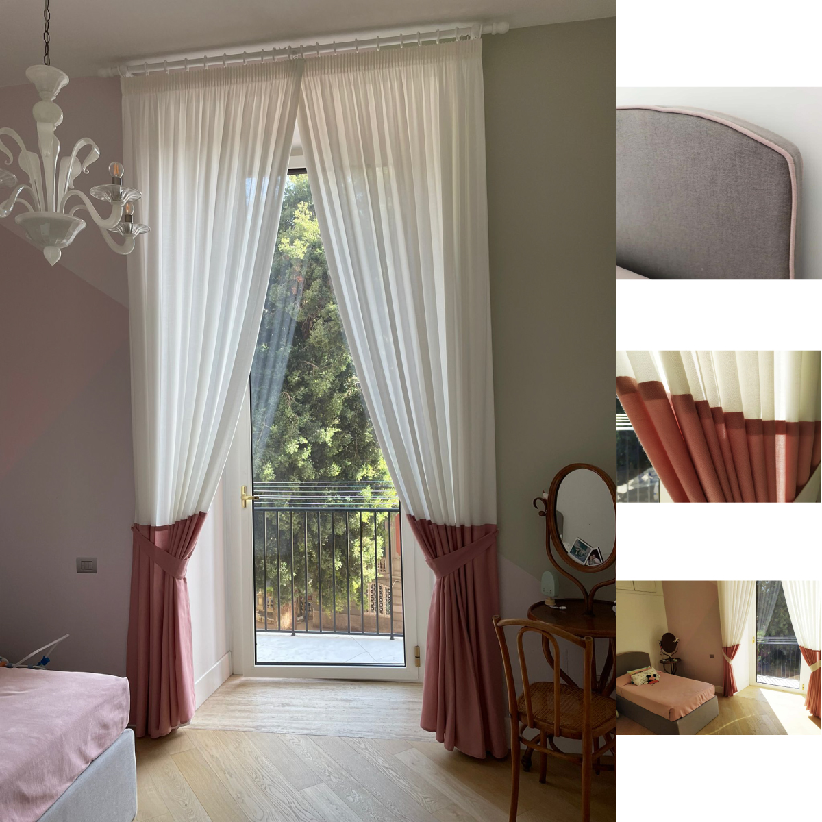 Camera da letto con letto su misura e tende coordinate nei colori rosa e bianco