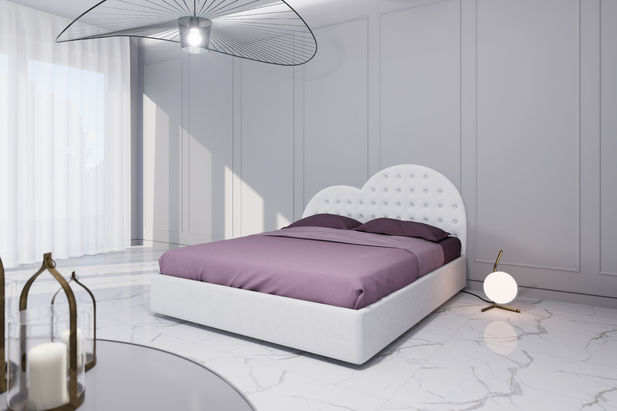 Letto matrimoniale imbottito con testata a cuore su misura