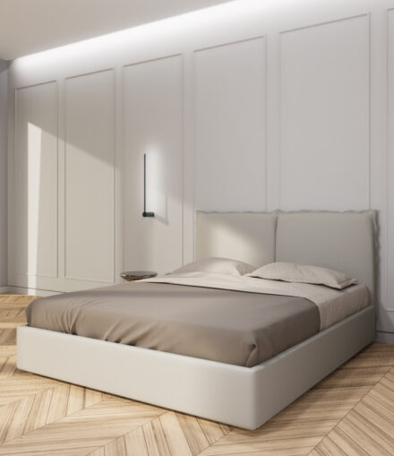 Letto matrimoniale modello Nikole dal design moderno personalizzabile in tessuti, colori e misure