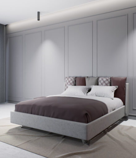 Letto matrimoniale imbottito modello Puzzle con testata modulare e design moderno