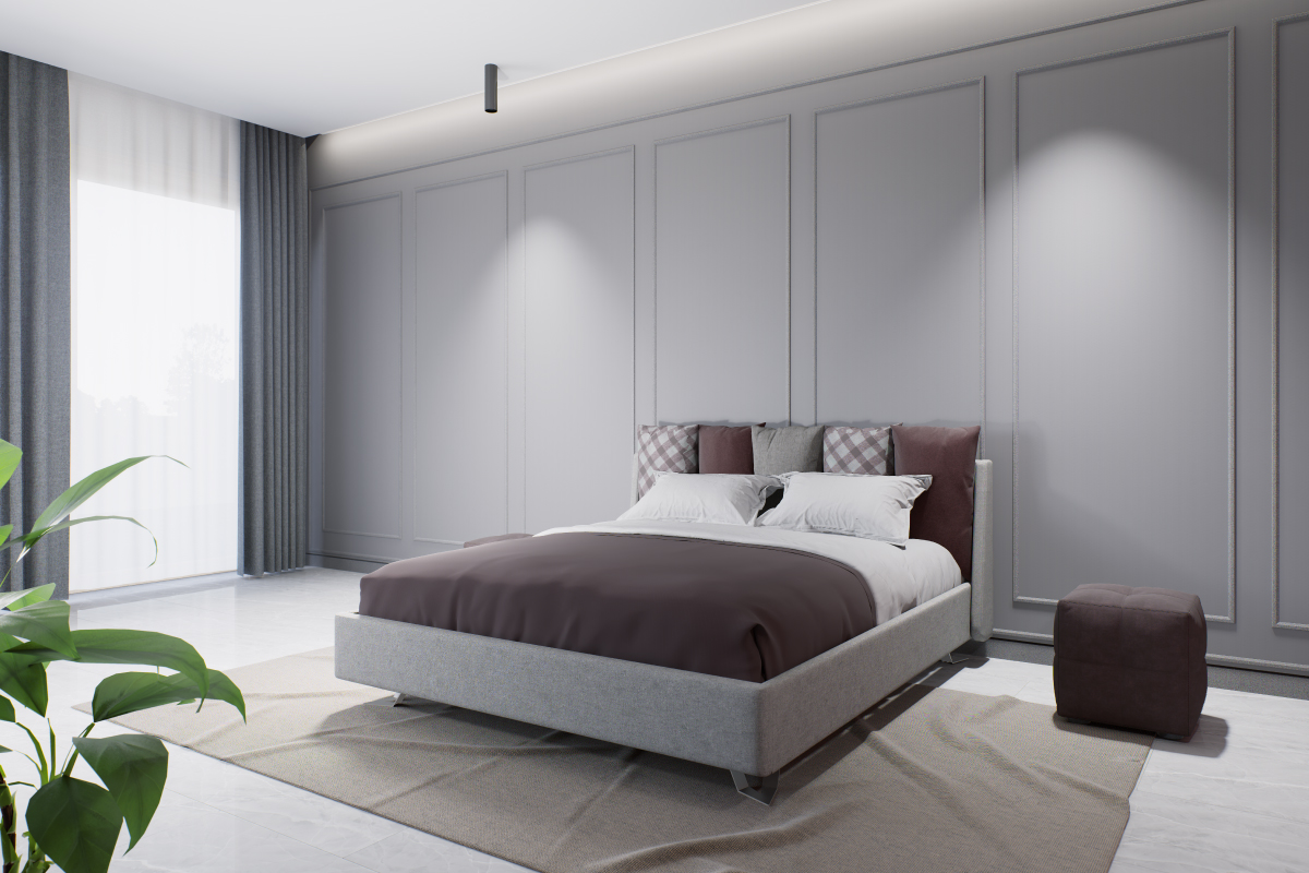 Letto matrimoniale imbottito modello Puzzle con testata modulare e design moderno