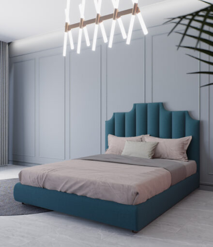 Letto matrimoniale su misura modello Impero con testata imbottita sagomata e rivestimento personalizzabile