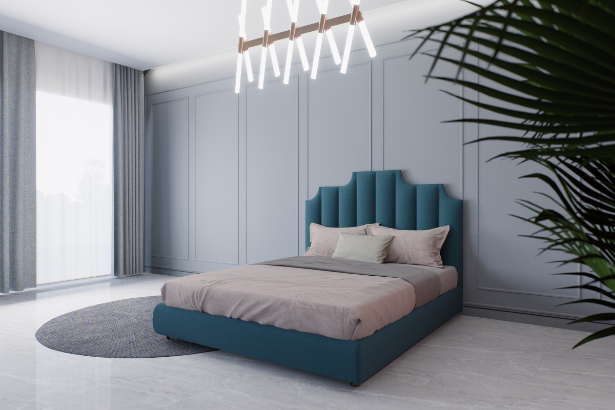 Letto matrimoniale su misura modello Impero con testata imbottita sagomata e rivestimento personalizzabile