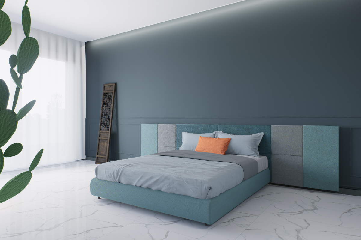 Letto matrimoniale personalizzato modello Master con testata modulare su misura e rivestimento imbottito