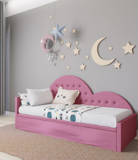 Letto singolo imbottito a forma di cuore personalizzabile per cameretta, disponibile con contenitore o secondo letto estraibile