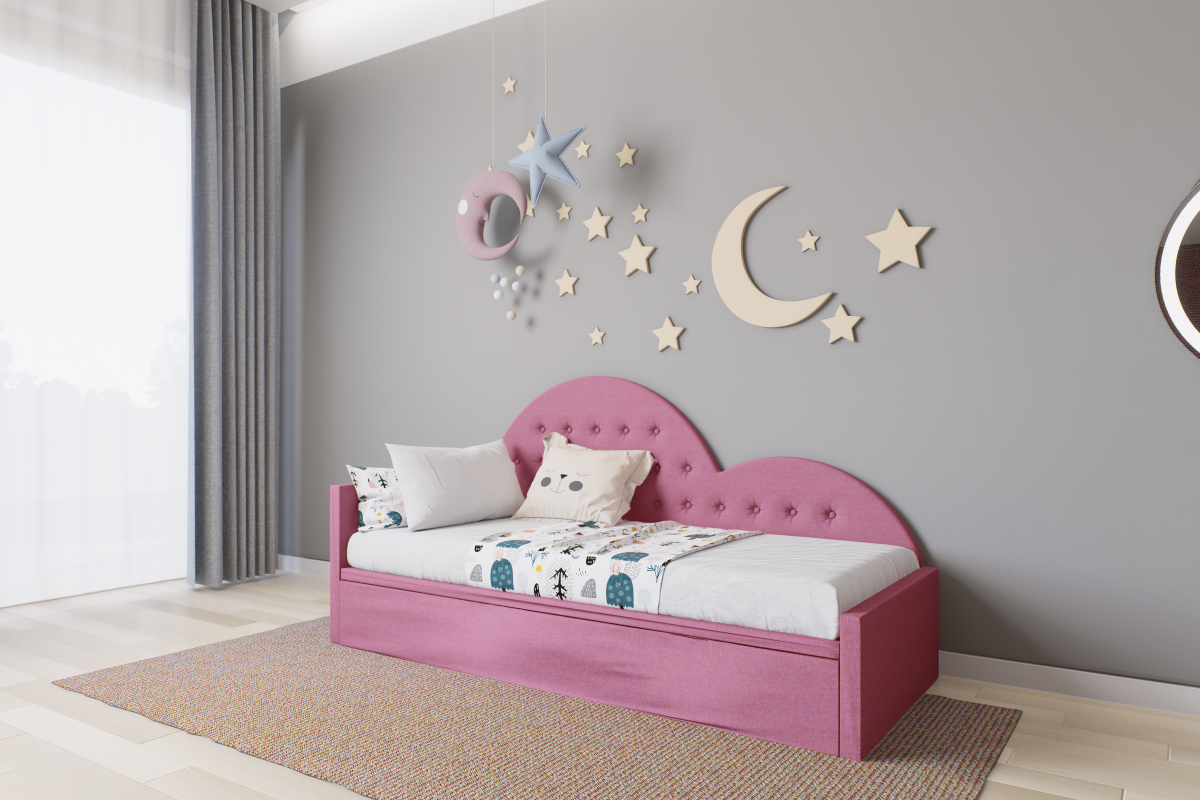 Letto singolo imbottito a forma di cuore personalizzabile per cameretta, disponibile con contenitore o secondo letto estraibile