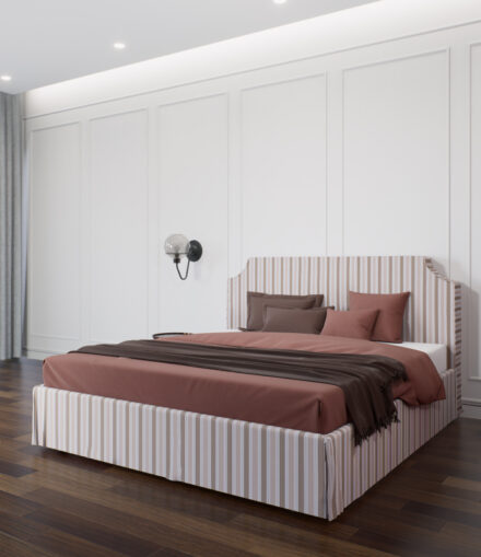 Letto matrimoniale imbottito Modello Rebecca su misura con testata sagomata e rivestimento personalizzabile