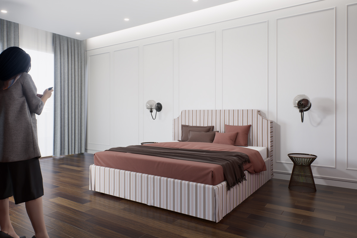 Letto matrimoniale imbottito Modello Rebecca su misura con testata sagomata e rivestimento personalizzabile