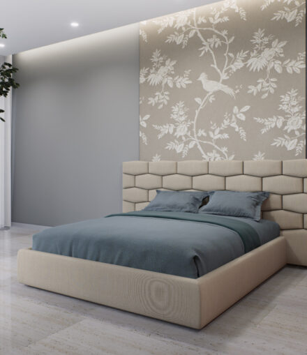 Letto matrimoniale imbottito con testata intrecciata dal design moderno e artigianale