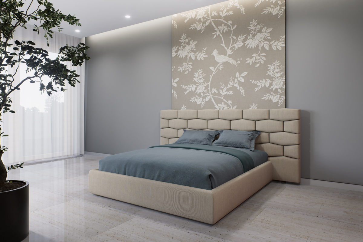 Letto matrimoniale imbottito con testata intrecciata dal design moderno e artigianale