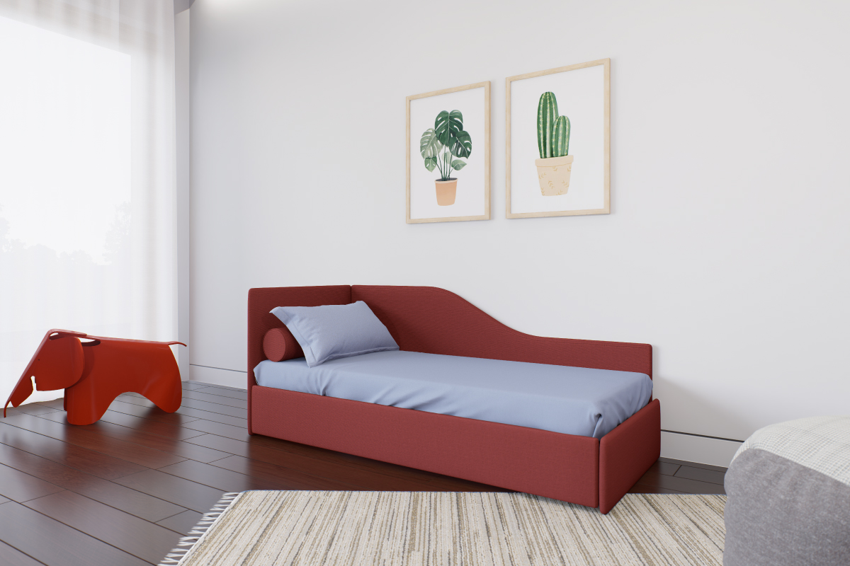Letto singolo imbottito Modello Top 5 con testata laterale sagomata, personalizzabile in misure, tessuti e colori