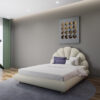 Letto matrimoniale con testata imbottita a forma di conchiglia dal design elegante e moderno