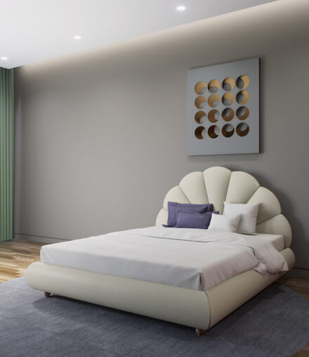 Letto matrimoniale con testata imbottita a forma di conchiglia dal design elegante e moderno