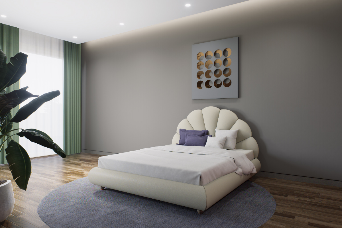 Letto matrimoniale con testata imbottita a forma di conchiglia dal design elegante e moderno