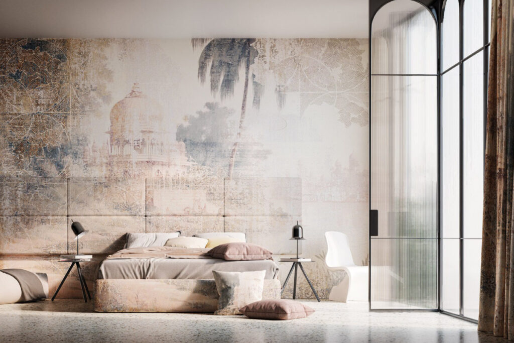 Testata letto imbottita e boiserie decorativa coordinata con tessuti d&rsquo;arredo