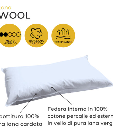 Cuscino Wool in pura lana cardata con rivestimento in cotone percalle traspirante