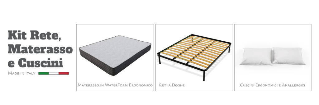 Kit letto completo con rete a doghe materasso ergonomico e cuscini anallergici Made in Italy